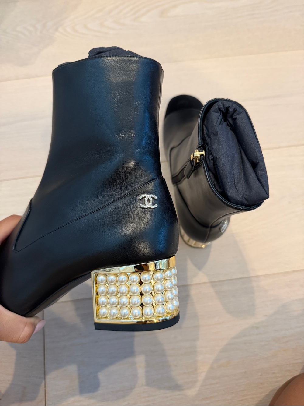 CHANEL Black Leather Ankle Boots with Gold Pearl-Embellished Block Heels